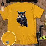 Yellow t-shirt with an owl wearing a monocle and holding a martini, 