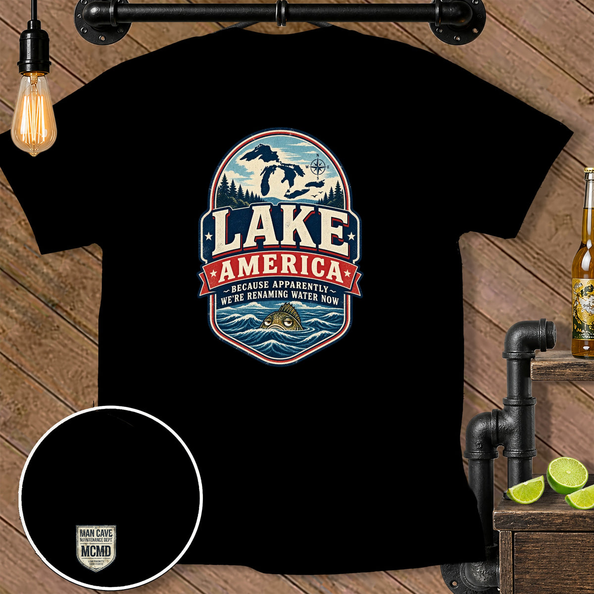 Black t-shirt with "Lake America" graphic featuring the Great Lakes, a fish, and text.