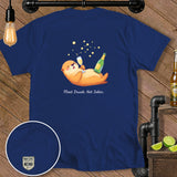 Navy blue t-shirt with illustration of otter holding champagne and text 