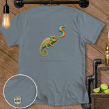 Grey t-shirt with a chameleon exhaling a rainbow and the text 