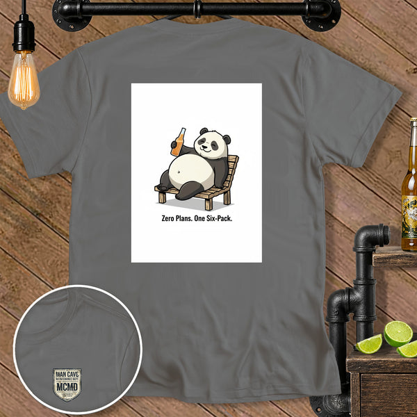 Panda relaxing with a drink and text "Zero Plans. One Six-Pack."