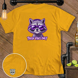 Yellow t-shirt with a cartoon raccoon wearing headphones and sunglasses with text 