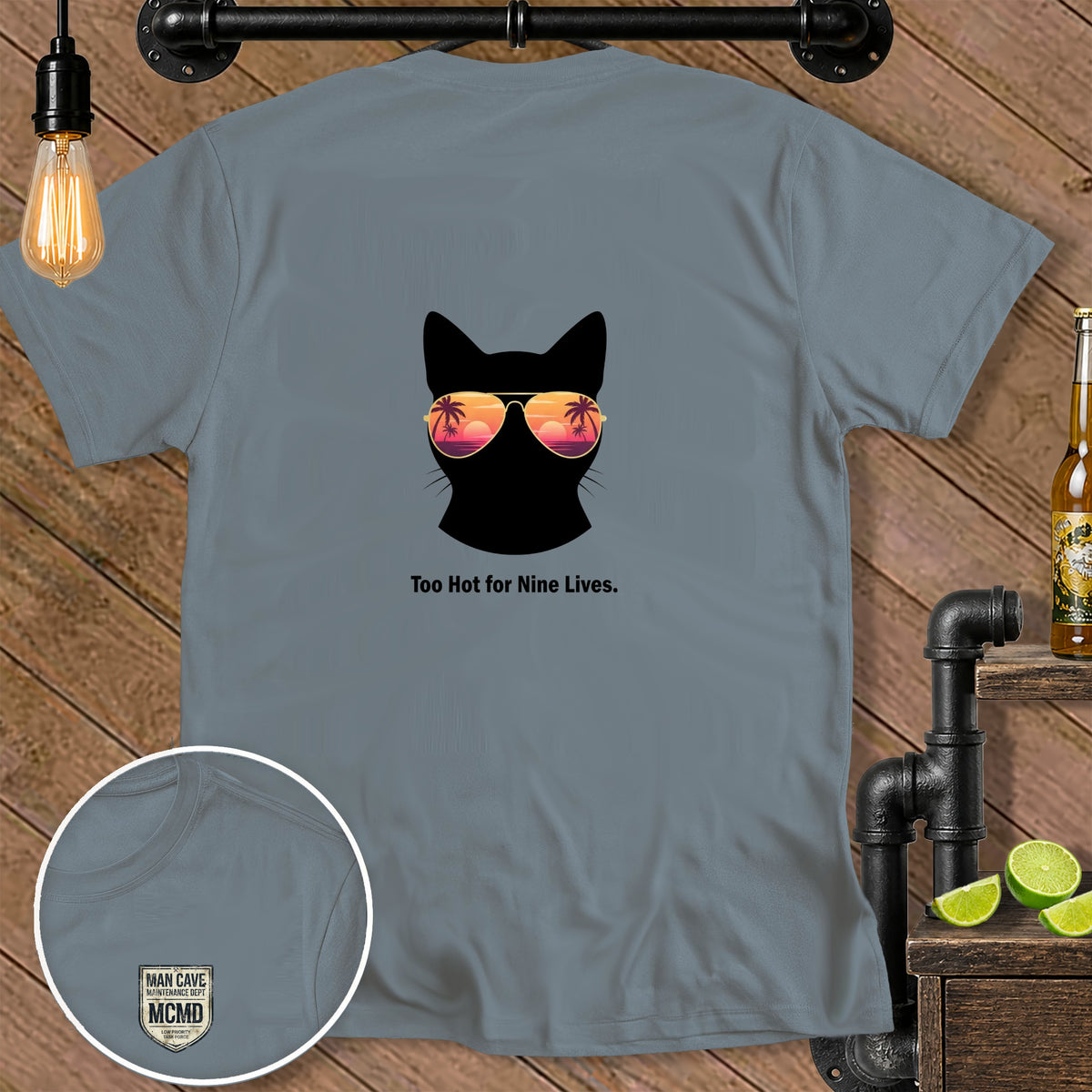 Black cat silhouette wearing tropical sunset sunglasses, text "Too Hot for Nine Lives."