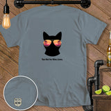 Black cat silhouette wearing tropical sunset sunglasses, text 