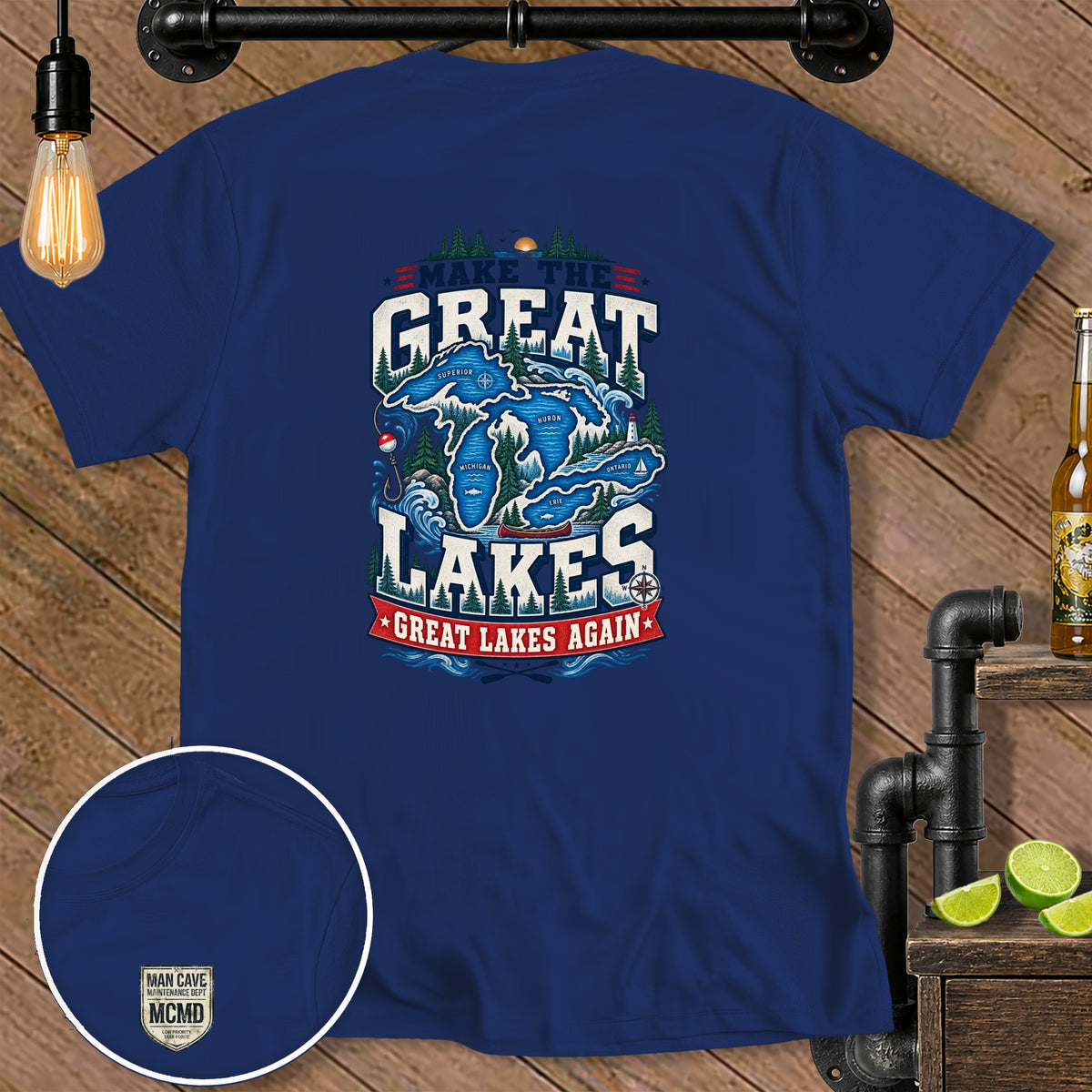 Navy t-shirt with "Make the Great Lakes Great Lakes Again" graphic.