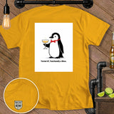 Yellow t-shirt with a penguin holding a champagne glass and the text 