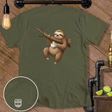 Green t-shirt with sloth holding coffee cup on a branch and embroidered logo.