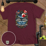 Maroon t-shirt with Lake America Ontario crest and Man Cave logo.
