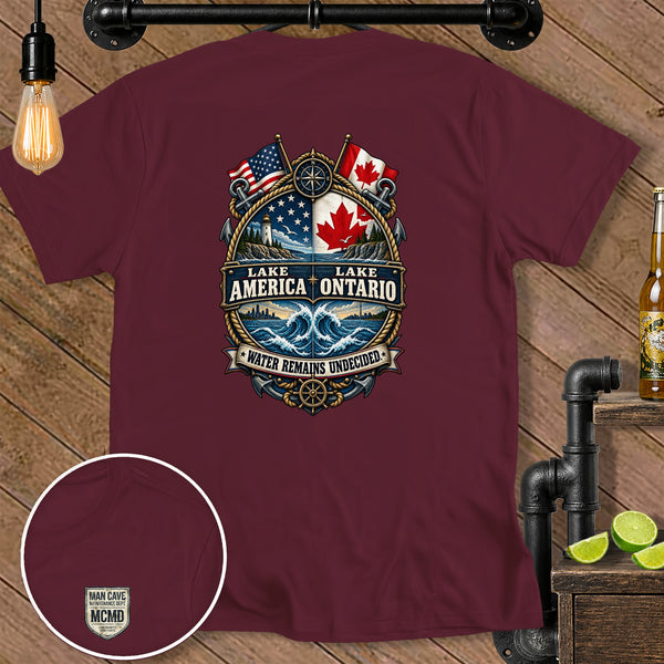 Maroon t-shirt with Lake America Ontario crest and Man Cave logo.