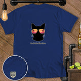 Dark blue t-shirt with a black cat wearing sunglasses and text 