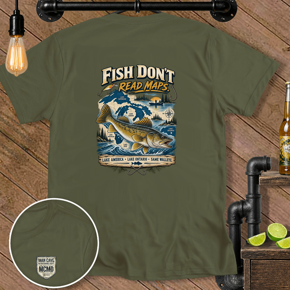 Green t-shirt with "Fish Don't Read Maps" graphic of walleye and Great Lakes.