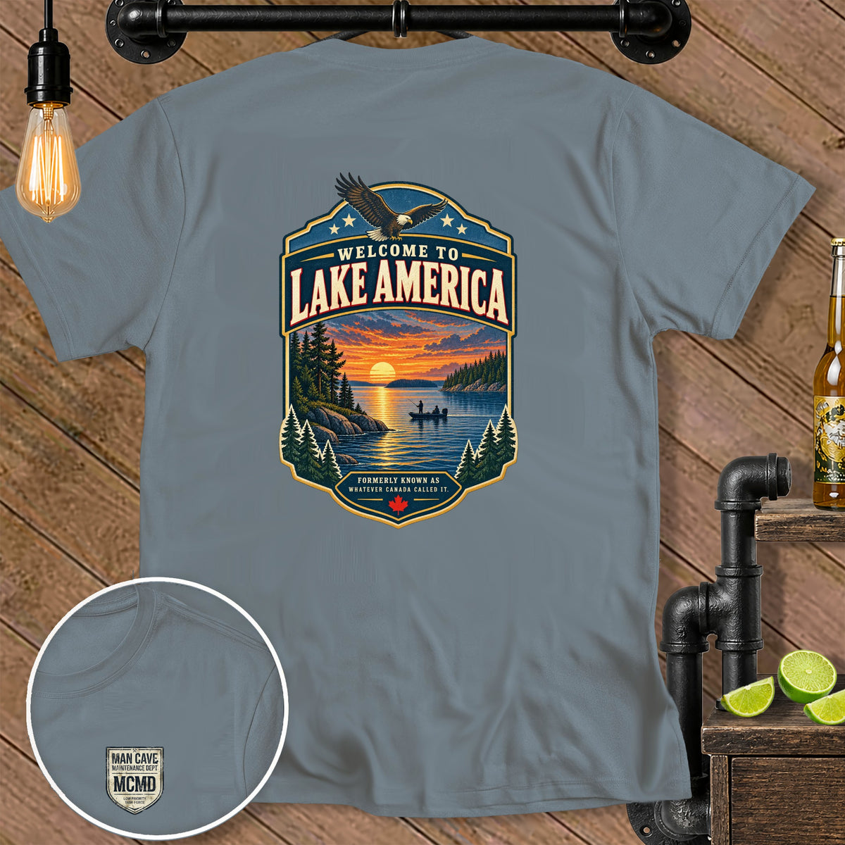 T-shirt with "Welcome to Lake America" graphic of fishing boat and eagle.
