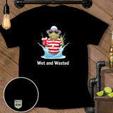 Frog with drink and sunglasses on a black t-shirt with 