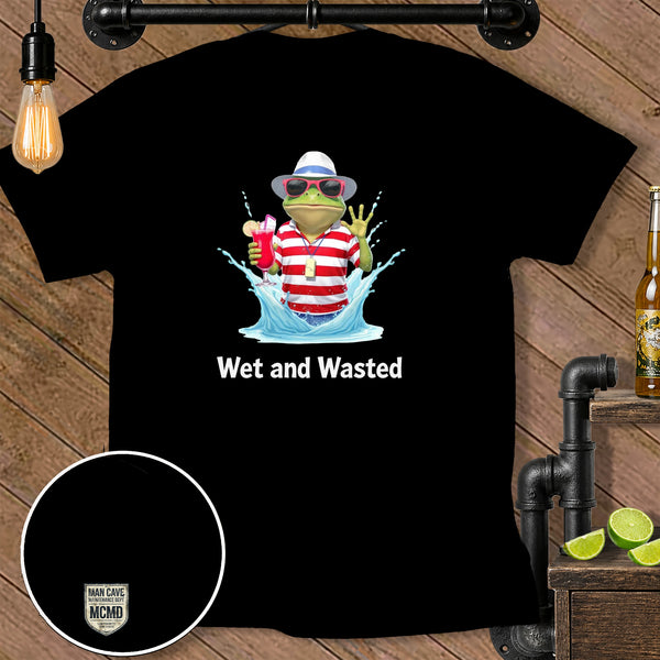 Frog with drink and sunglasses on a black t-shirt with "Wet and Wasted" text.