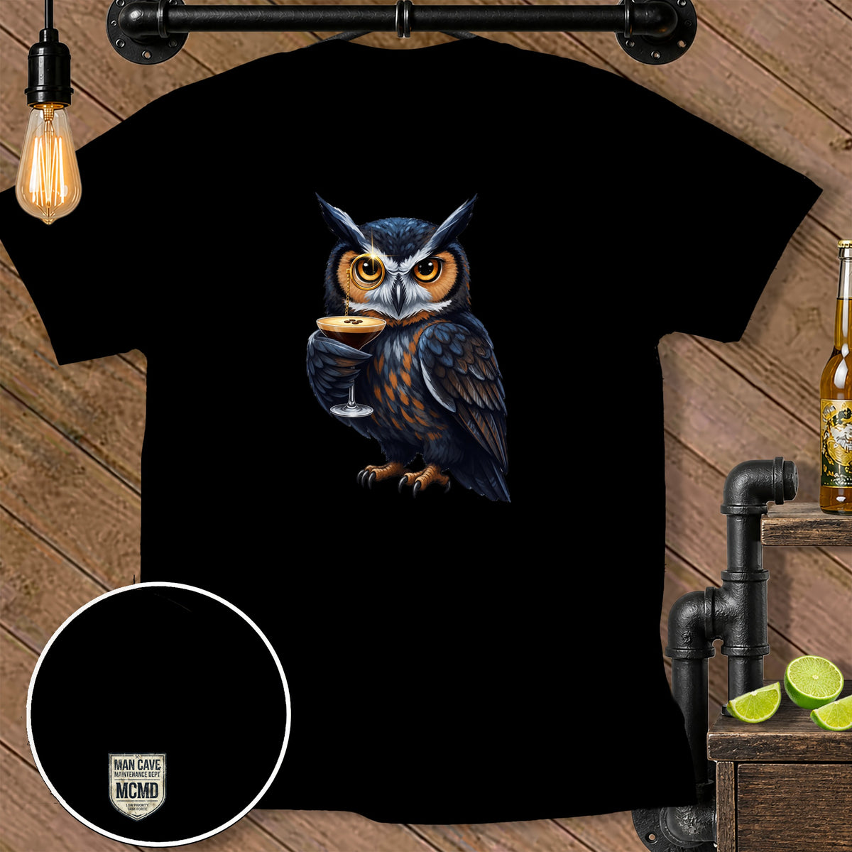 Black t-shirt with graphic of owl wearing monocle holding martini glass.