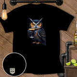 Black t-shirt with graphic of owl wearing monocle holding martini glass.