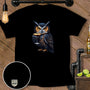Black t-shirt with graphic of owl wearing monocle holding martini glass.