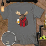 Grey t-shirt with moose wearing red scarf holding beer mug and 