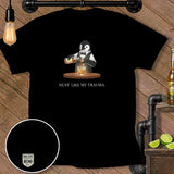 Black t-shirt featuring a penguin pouring whiskey and the text 