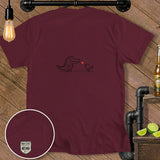 Maroon t-shirt with cartoon alligator and bird graphic with a red heart.