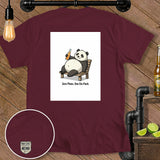 T-shirt with a cartoon panda relaxing with a drink and the text 