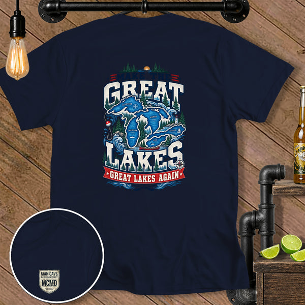 Navy t-shirt with Great Lakes graphic and "Great Lakes Again" text.