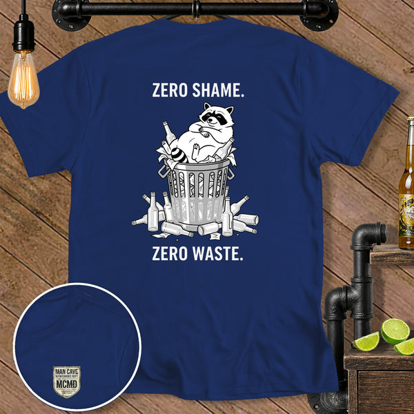 Blue t-shirt with raccoon in trash can and "Zero Shame. Zero Waste." text.