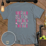 Grey t-shirt with pink and grey text 