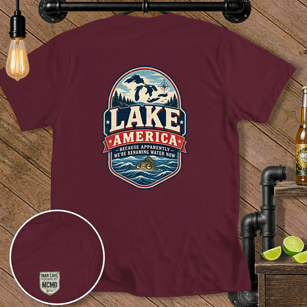 Maroon t-shirt with a "Lake America" graphic and a small "Man Cave Maintenance Dept." logo.