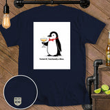 Navy t-shirt with a penguin holding champagne, text 
