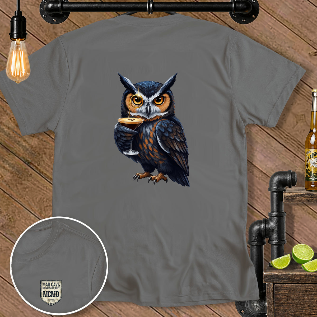 Gray t-shirt featuring a detailed illustration of an owl holding a martini glass.