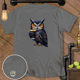 Gray t-shirt featuring a detailed illustration of an owl holding a martini glass.