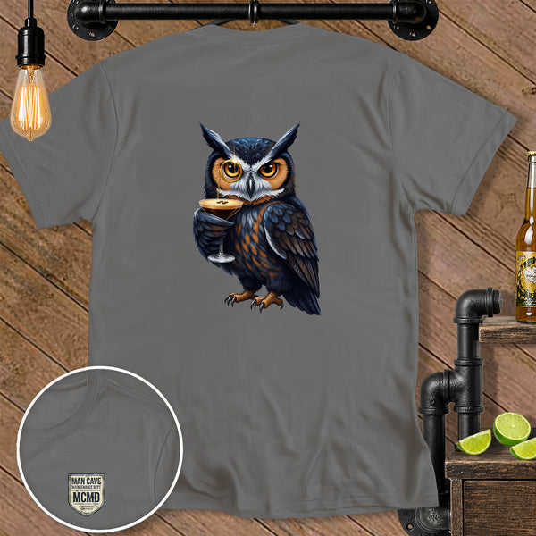Gray t-shirt featuring a detailed illustration of an owl holding a martini glass.