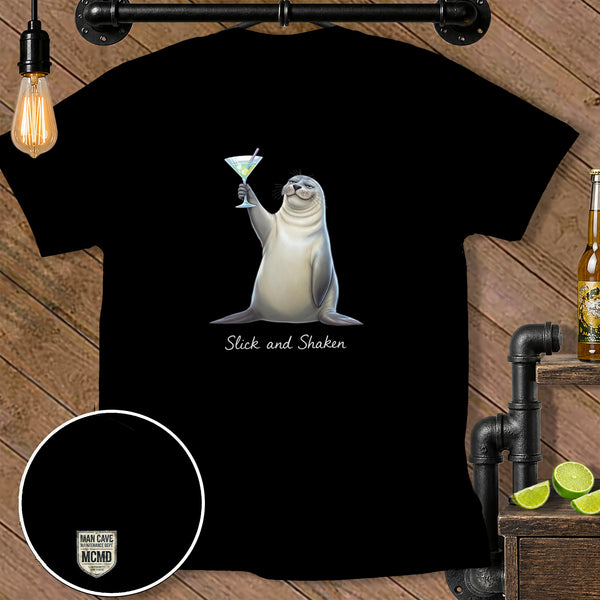 Seal with martini glass and text "Slick and Shaken" on a black t-shirt.