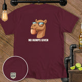 Burgundy t-shirt with a cartoon camel wearing sunglasses and holding a coffee cup, text 