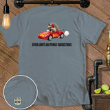 Hedgehog wearing goggles driving a red convertible with flames, 