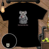 Black t-shirt with a cartoon koala wearing a robe holding wine, with text 