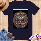 Navy t-shirt with oval graphic: Established 1776, Still Unsupervised, 250 Years Strong.