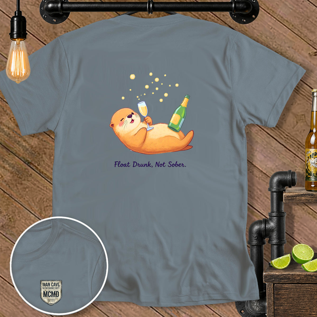 Otter holding champagne and bottle with text "Float Drunk, Not Sober."