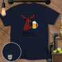 Navy t-shirt with a plaid moose holding a beer and text "Antlers Up, Standards Down".