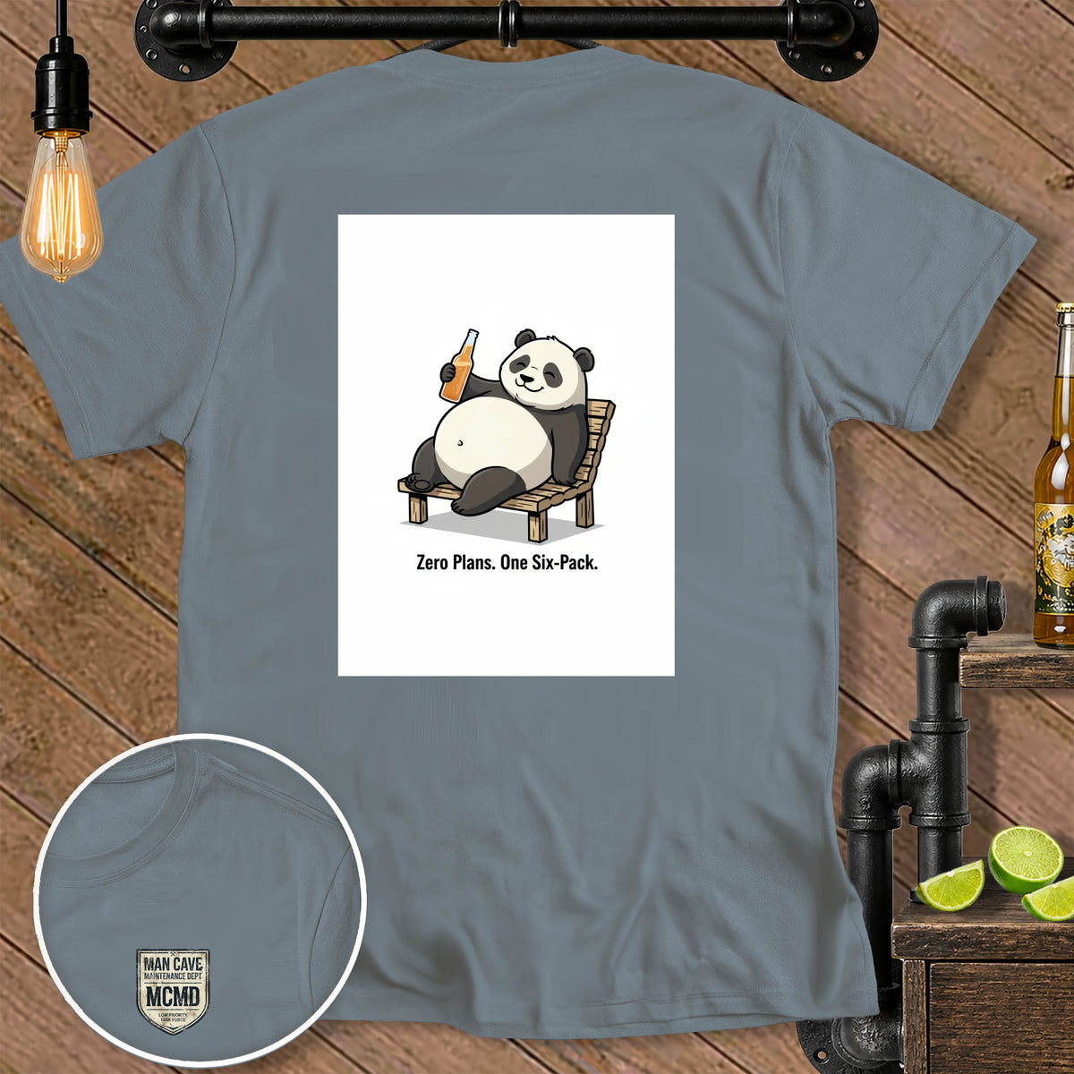 Illustration of a panda with a beer and the text "Zero Plans. One Six-Pack."
