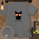 Gray t-shirt with black cat silhouette wearing sunglasses and text 