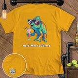 Yellow t-shirt with a chameleon holding a drink, text reads 