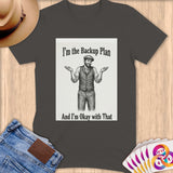 T-shirt with vintage illustration of a man shrugging with text 