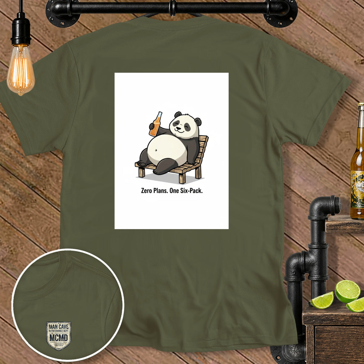 Olive green t-shirt with cartoon panda holding beer and text "Zero Plans. One Six-Pack."