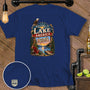 T-shirt with a "Welcome to Lake America" graphic featuring an eagle and scenic lake sunset.