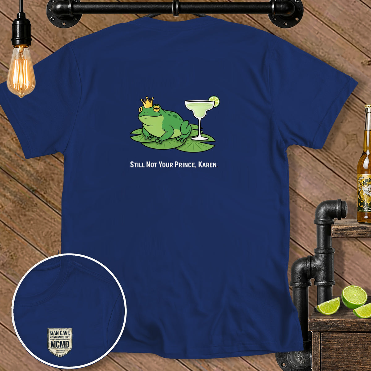 Navy t-shirt with graphic of frog wearing crown and text "STILL NOT YOUR PRINCE. KAREN."
