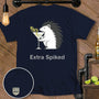 Navy t-shirt with a hedgehog holding a martini and the text "Extra Spiked".