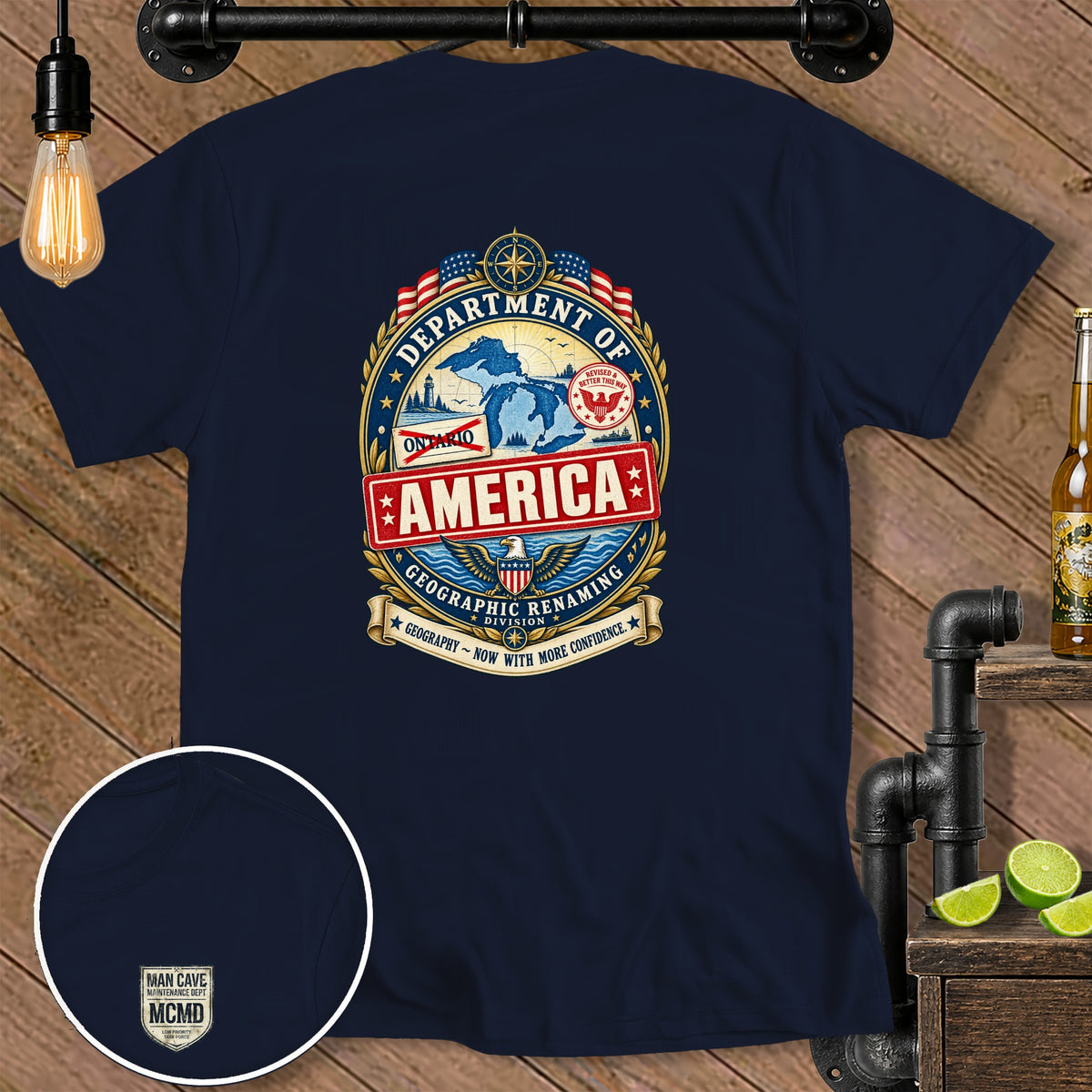 Navy blue t-shirt with "Department of America Geographic Renaming Division" graphic.