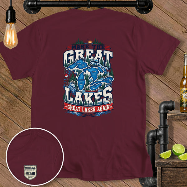 Maroon t-shirt with "Make the Great Lakes Great Lakes Again" graphic.